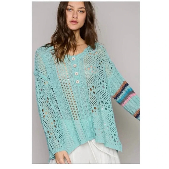 POL Aqua Crochet Knit Sweater | Boho Oversized Vintage Pullover Top - Picture 4 of 5